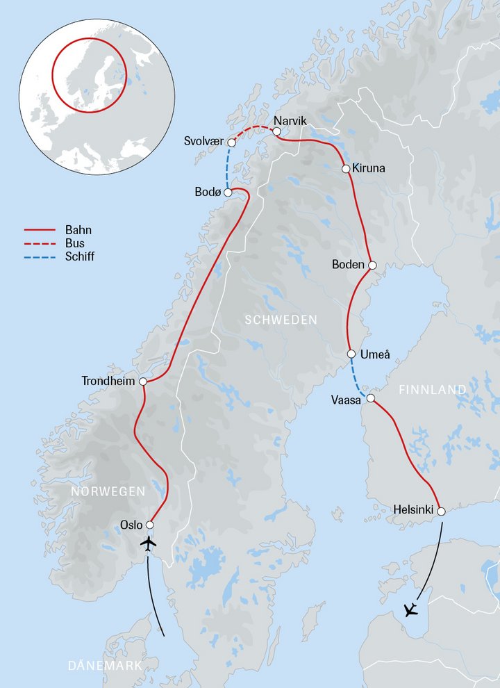Routenkarte Skandinavien Gruppenreise