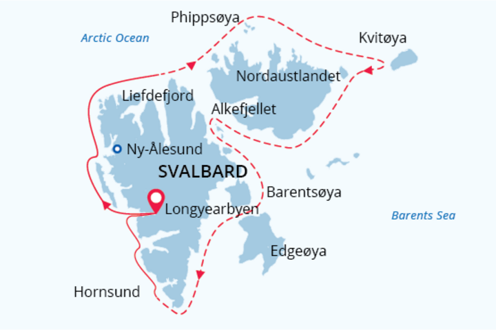 Routenkarte Rund um Spitzbergen mit Kvitoya 