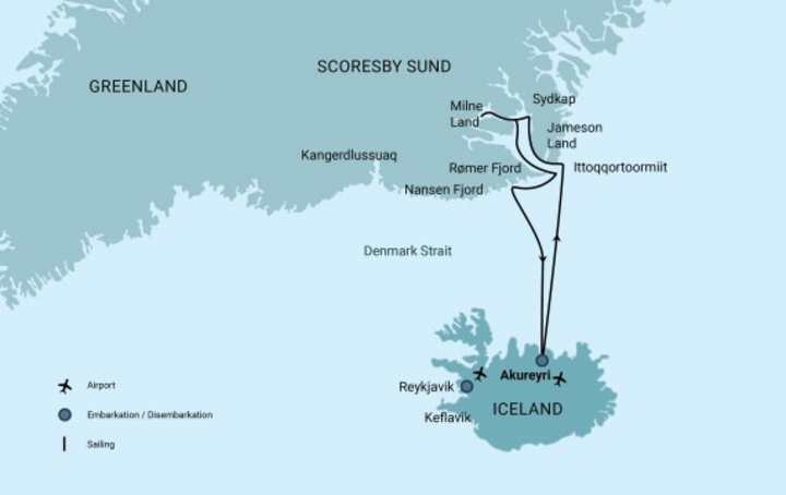 Routenkarte Ostgrönlandreise mit Oceanwide Expeditions