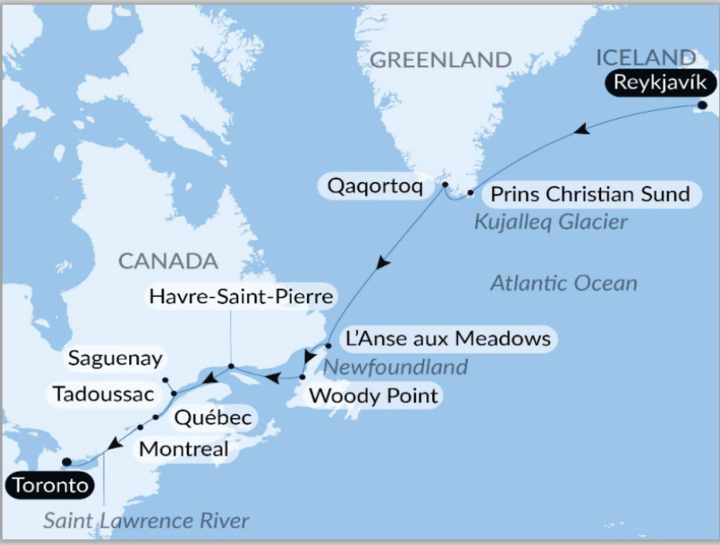 Routenkarte Kreuzfahrt Island - Grönland - Kanada