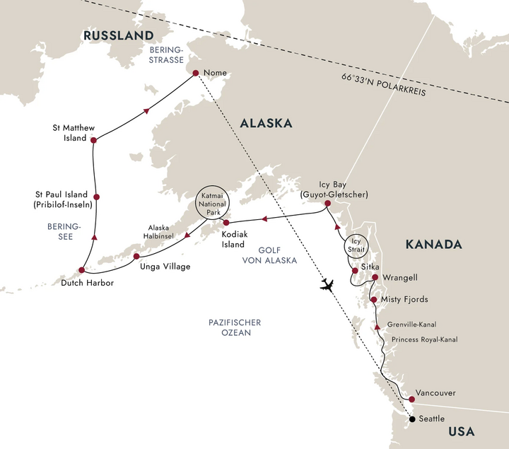 Routenkarte Alaska bis Kanada