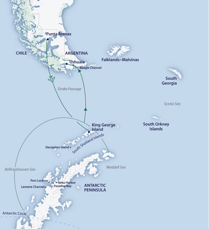 Routenkarte Antarktis Kreuzfahrt mit einem Weg mit dem Flugzeug