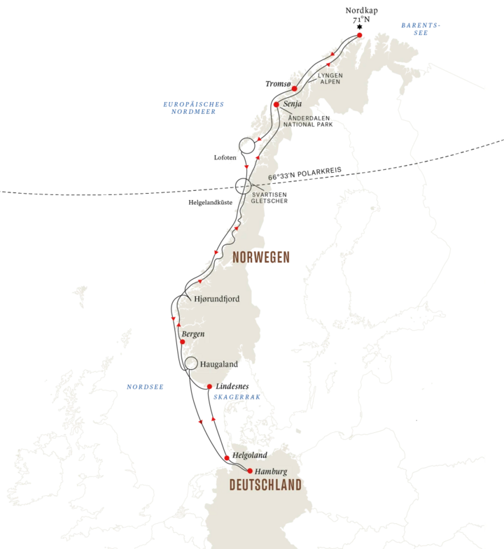 Routenkarte Otto Sverdrup Hamburg Nordkap