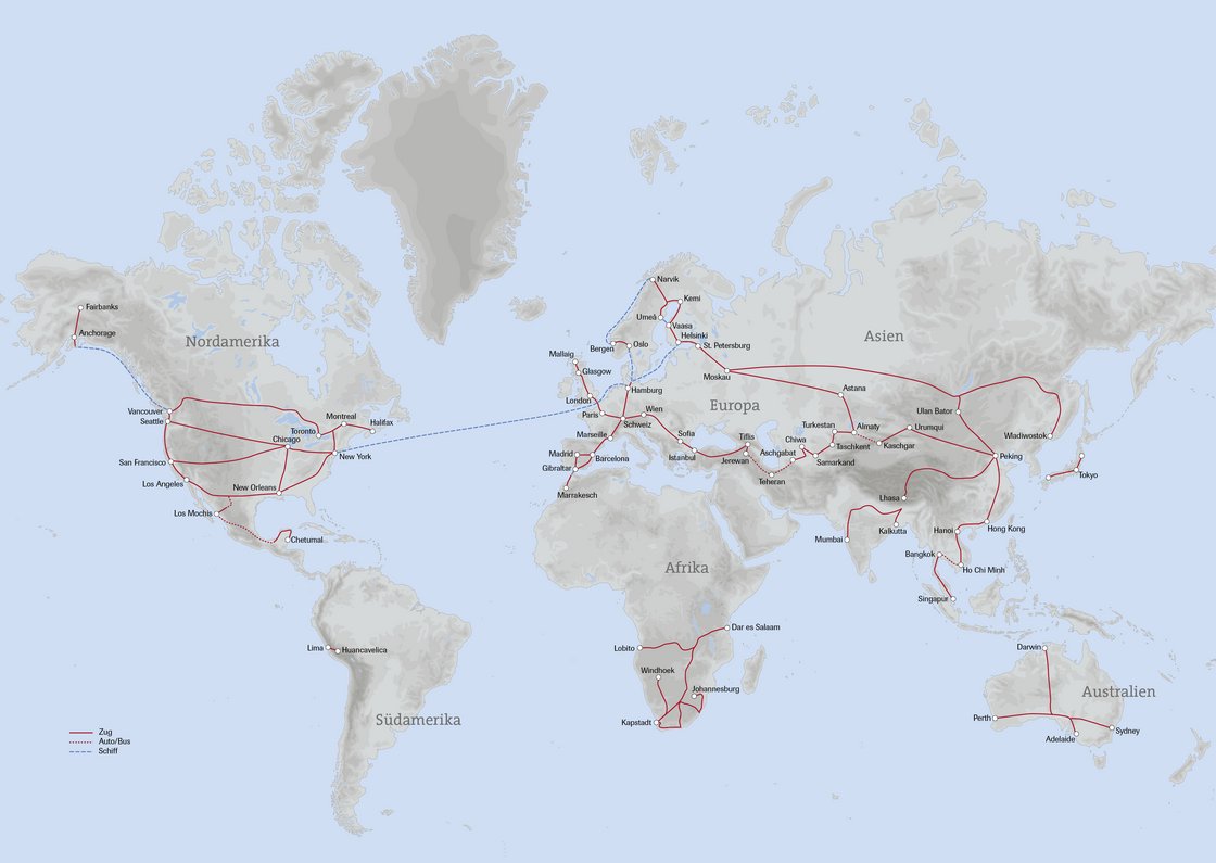 Weltkarte Bahnreisen