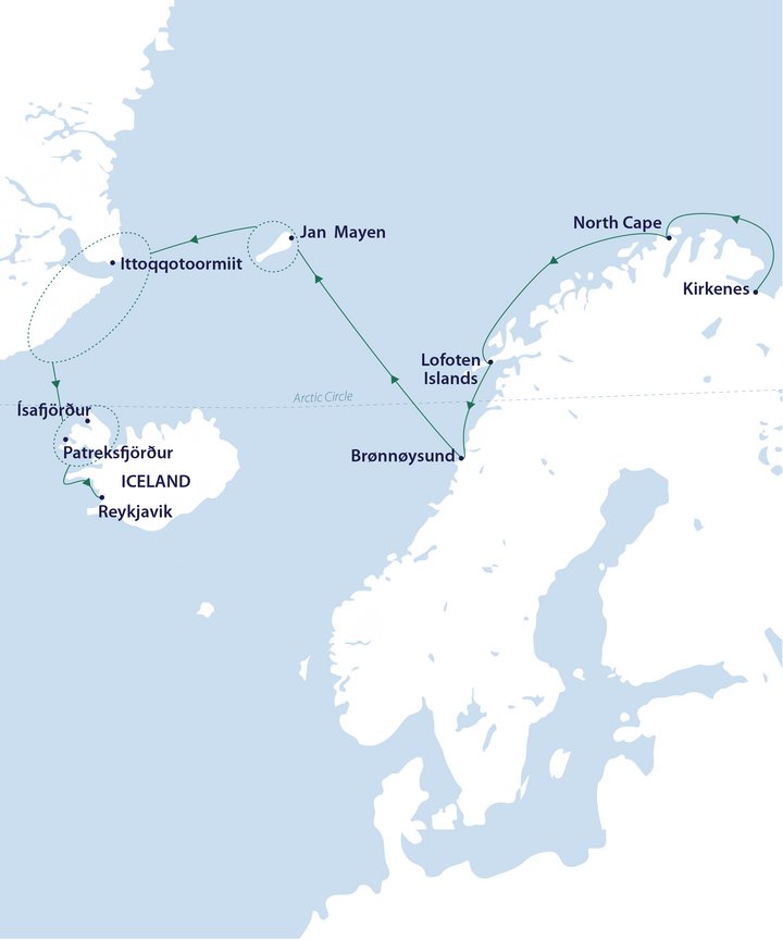 Routenkarte Norwegen - Jan Mayen - Grönland - Island