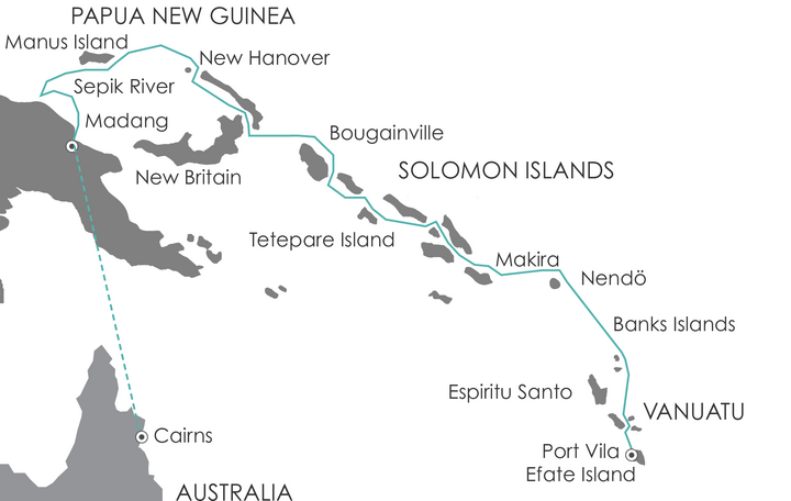 Routenkarte Kreuzfahrt Indonesien - Papua Neuguinea mit Heritage Adventurer