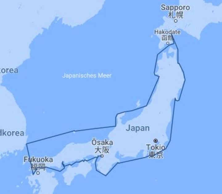 Routenkarte grosse Japanrundreise mit Schiff
