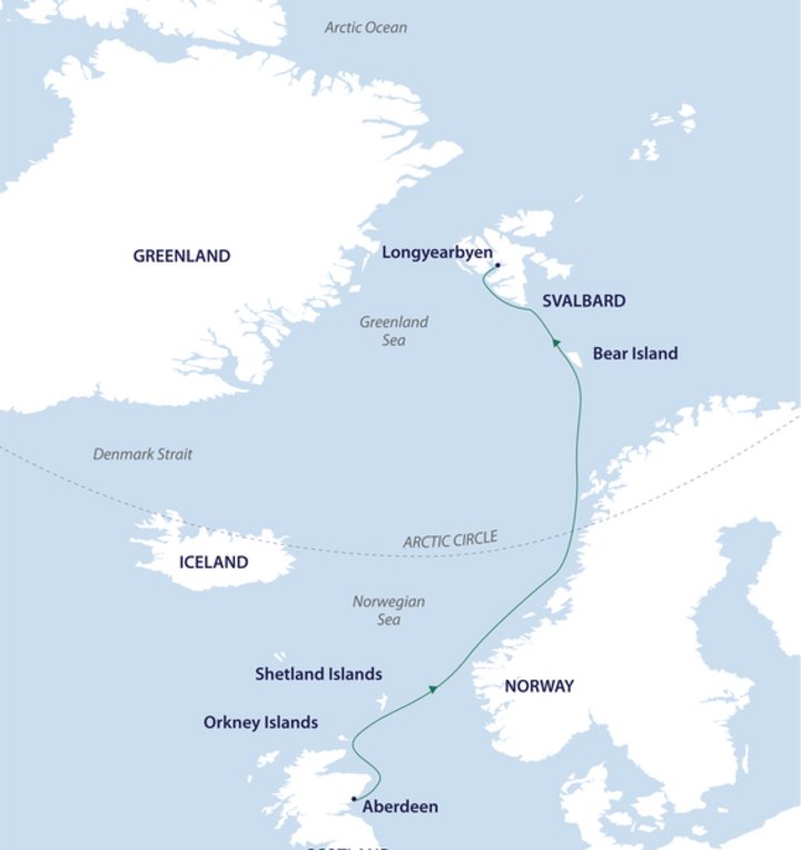 Routenkarte Expeditionskreuzfahrt Schottland - Spitzbergen