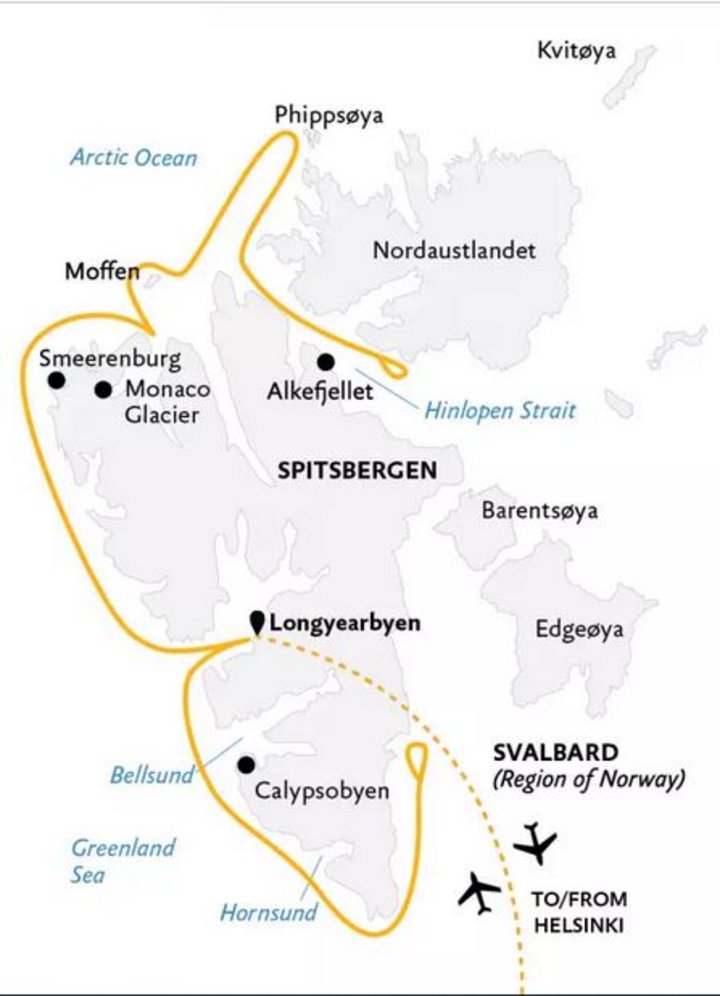 Routenkarte Spitzbergen mit Ocean Adventurer für 14 Tage