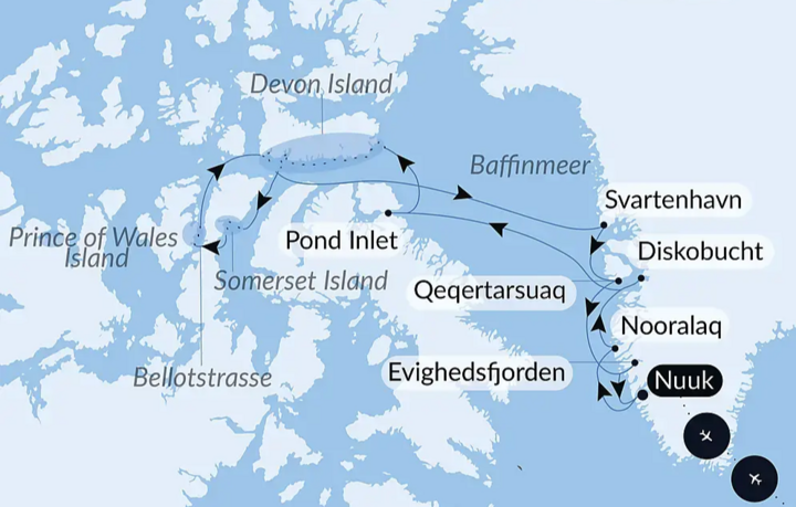 Routenkarte Im Herzen der Nordwestpassage von Ponant