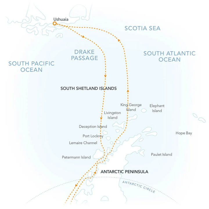 Routenkarte Antarktis mit Polarkreis