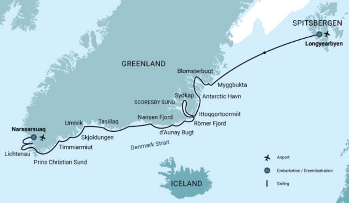 Routenkarte Spitzbergen Ostküste Grönland mit Oceanwide Expeditions