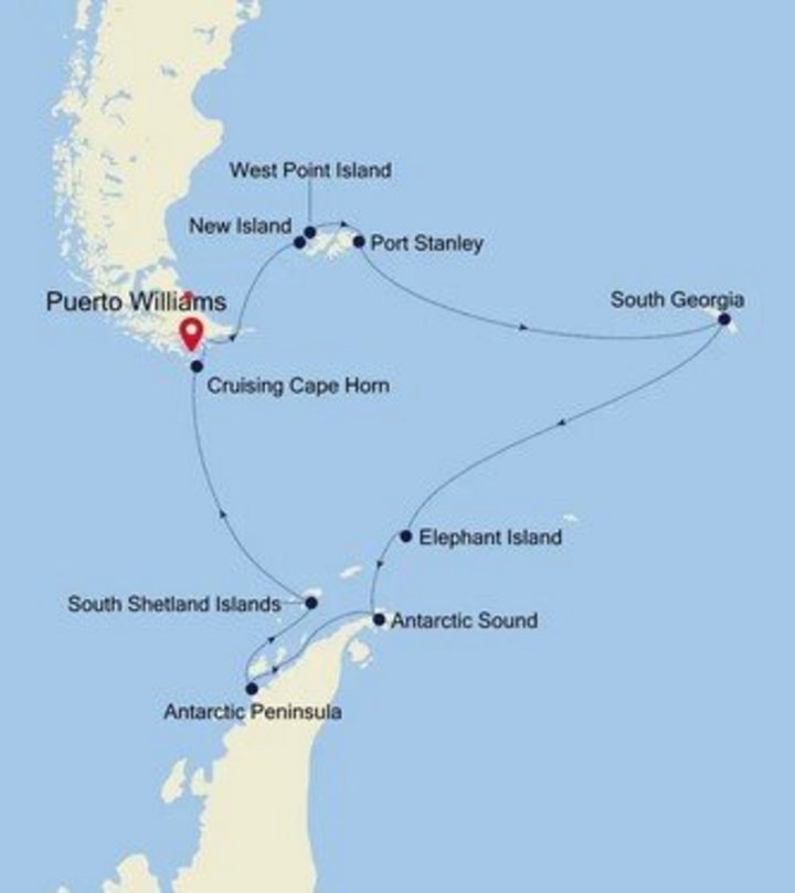 Routenkarte ab-bis Puerto Williams mit Silversea via Falkland und Südgeorgien
