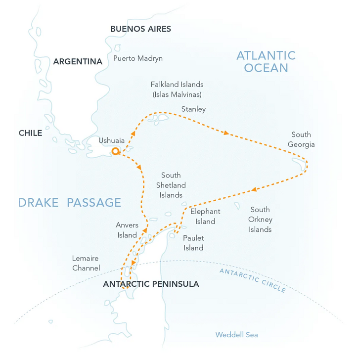 Routenkarte Falkland, Südgeorgien und Antarktis mit Polarkreis