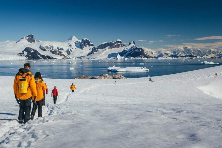 Wanderer in Antarktika mit Bucht im Hintergrund