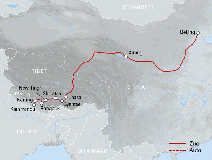 Routenkarte Chiina - Nepal via Tibet