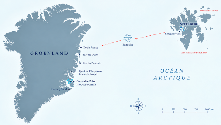 Routenkarte Spitzbergen - Grönland mit der Polarfront