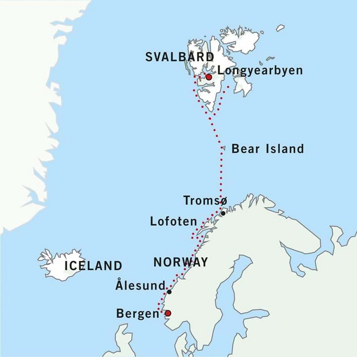 Routenkarte Norwegen-Spitzbergen