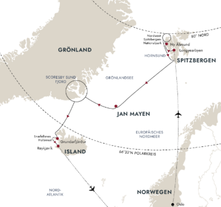 Routenkarte Spitzbergen - Grönland -Island