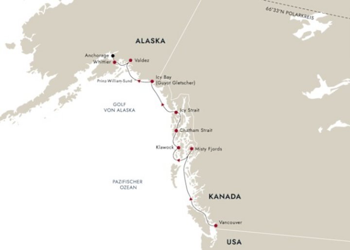 Routenkarte Alaskas Inside-Passage Faszinierende Fjorde Routenkarte Alaskas Inside-Passage Faszinierende Fjorde