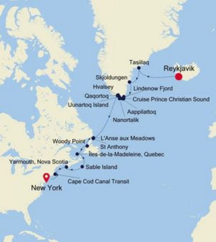 Routenkarte Expeditionskreuzfahrt Island - Grönland - Kanada - New York