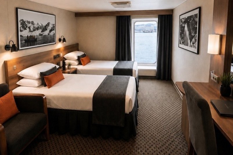 Deluxe Kabine auf dem Expeditionskreuzfahrtschiff Adventurer Deluxe Kabine auf dem Expeditionskreuzfahrtschiff Adventurer